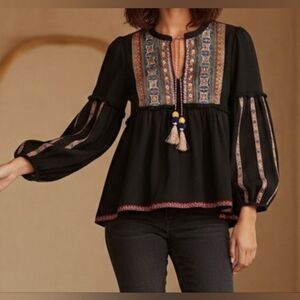 ZARA SWEDISH BEADED EMBROIDERED BOHO Puff Sleeve Tassel Tie Cardigan Size M